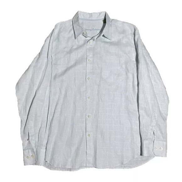 Tommy Bahama Size L 100% LINEN Light Green Hawaiian Beach Long Sleeve Shirt - Picture 1 of 5